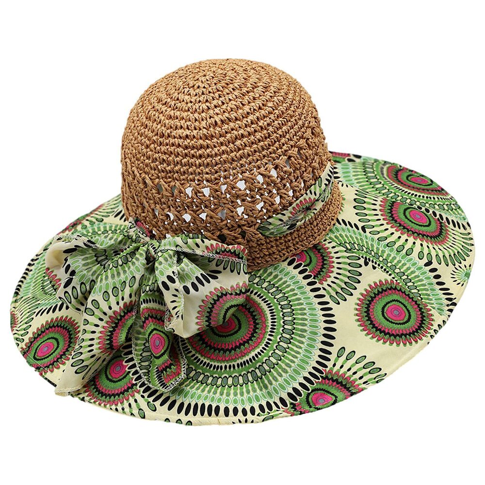 1266 Straw Sun Hat BohemianFloral Floppy Summer Beach Cap with Bow UV